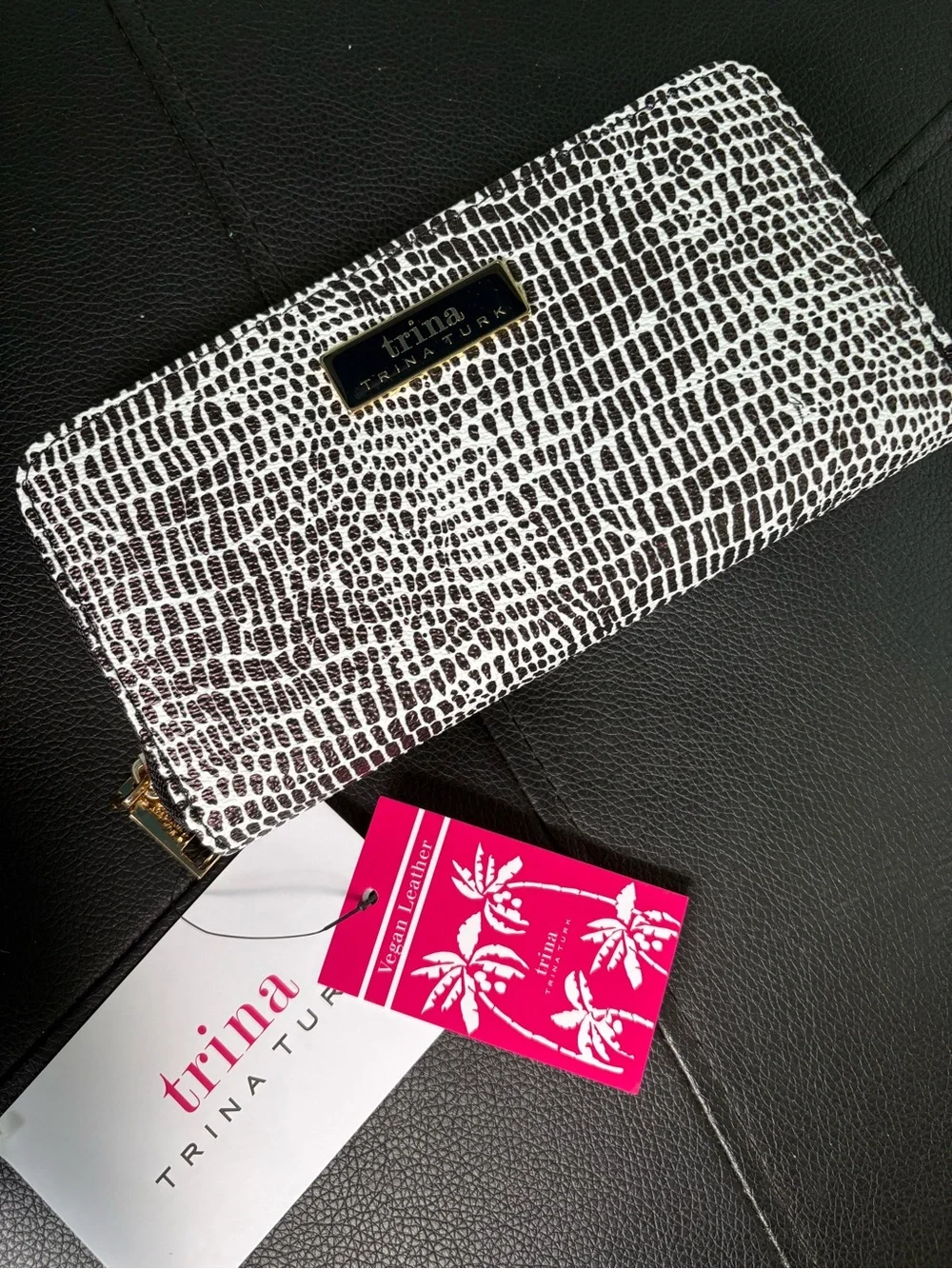 Trina Turk Black & White Textured Zip Wallet with Gold Logo Plaque